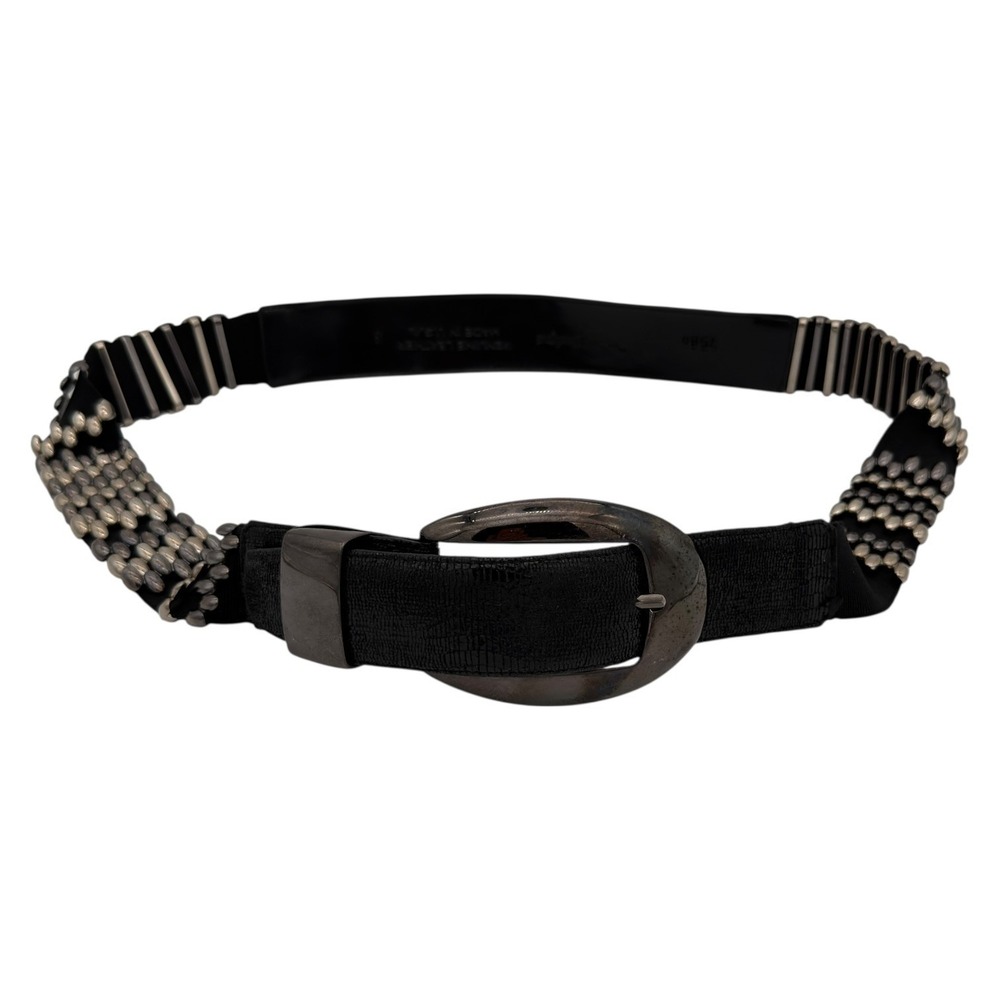 Y2K Genuine Leather Stretch Belt Silver Beaded Chain Oval‎ Buckle Small USA
